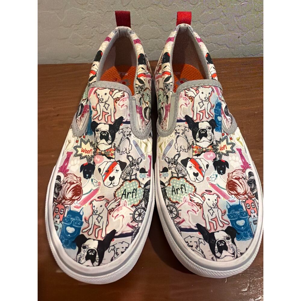 BOBS by Skechers Dog Print Slip-On Shoes Memory Foam Canvas Sneakers Women’s 5.5